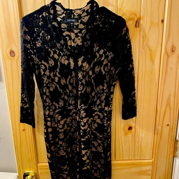 chinese dress ladies Karen Kane Plus Size V-Neck Scallop Lace Dress In Black With Nude